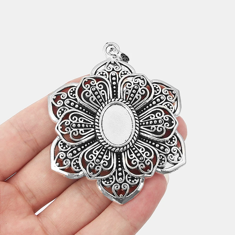 2pcs Tibetan Silver Large Filigree Flower Pendants For Necklace Jewelry Findings With Oval Blanks Tray Settings