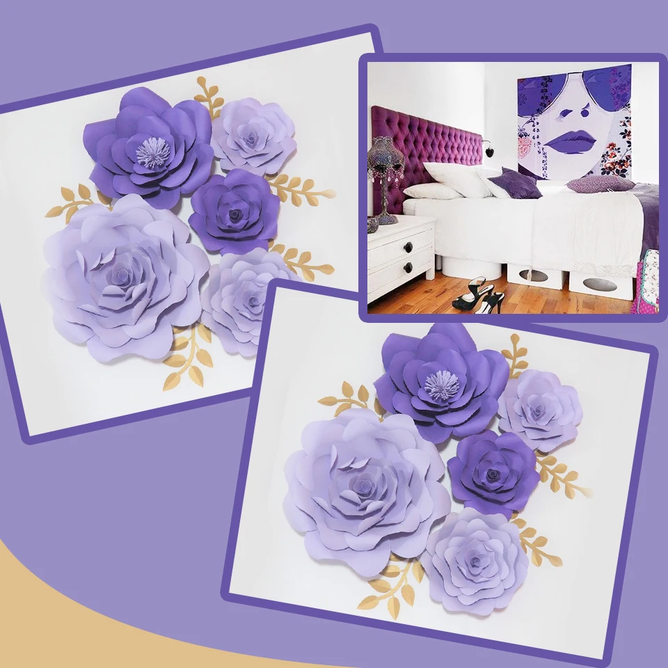 

Lilac DIY 5PCS Giant Paper Flowers + 5 Leaves Flores Artificiales Fleur Artificielle Wedding & Event Backdrop Party Baby Nursery