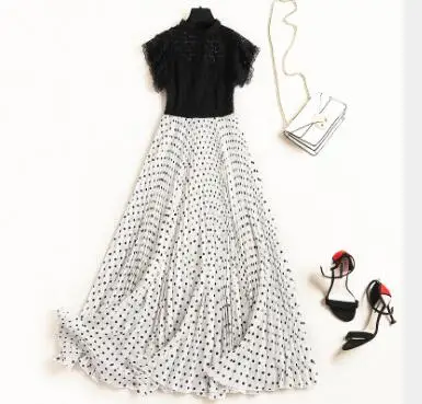 

2019 summer new women's stand collar short-sleeved lace stitching compression printed chiffon polka dot dressT3522