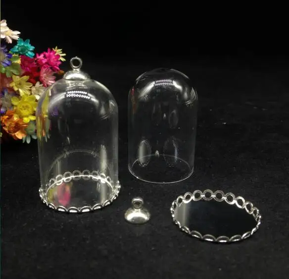 100pcs 38*25mm transparent tube jar glass globe with lace tray cap set glass vials pendant glass bottle necklace diy accessories