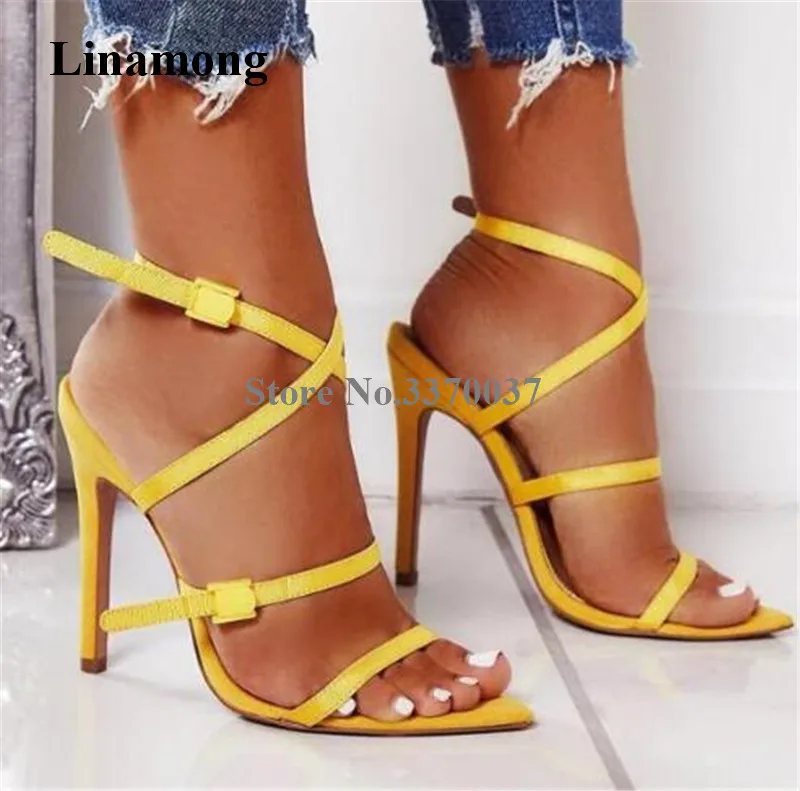 

Summer Newest Women Fashion Open Pointed Toe Stiletto Heel Sandals Yellow Red Strappy Buckles High Heel Sandals Dress Heels