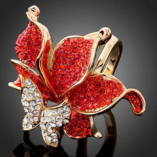 CHRAN Fashion Gold Color Costume Jewelry Exquisite Flower Rings for Women Hot Selling Red Crystal Party Jewelry Ladies Gifts