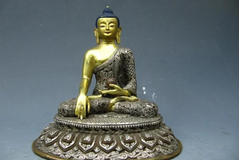 9 Tibet Fane Pure Copper Bronze Gild Silver Sakyamunil Tathagata Buddha Statue