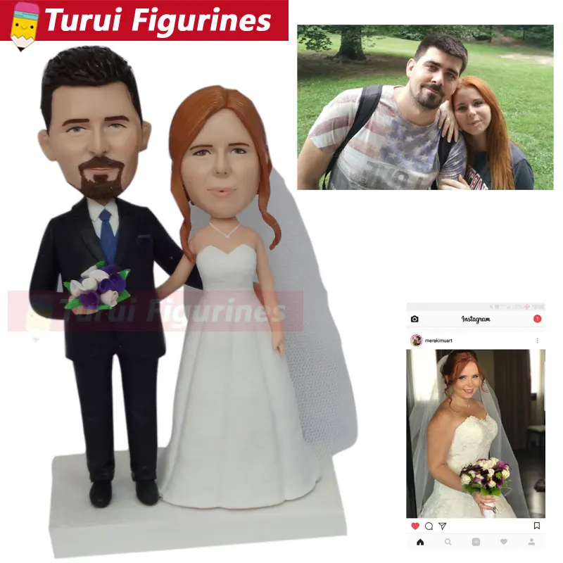 Two people getting married bride holding a flower wedding cake topper figurines custom bobblehead for wedding couple home decor