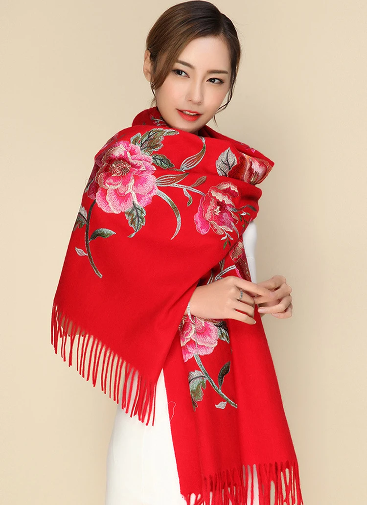 Embroidery Cashmere Scarf Winter Women Tassel Floral Pashmina Hijab Flowers Thick Scarves Long  Shawls Size 200*70cm