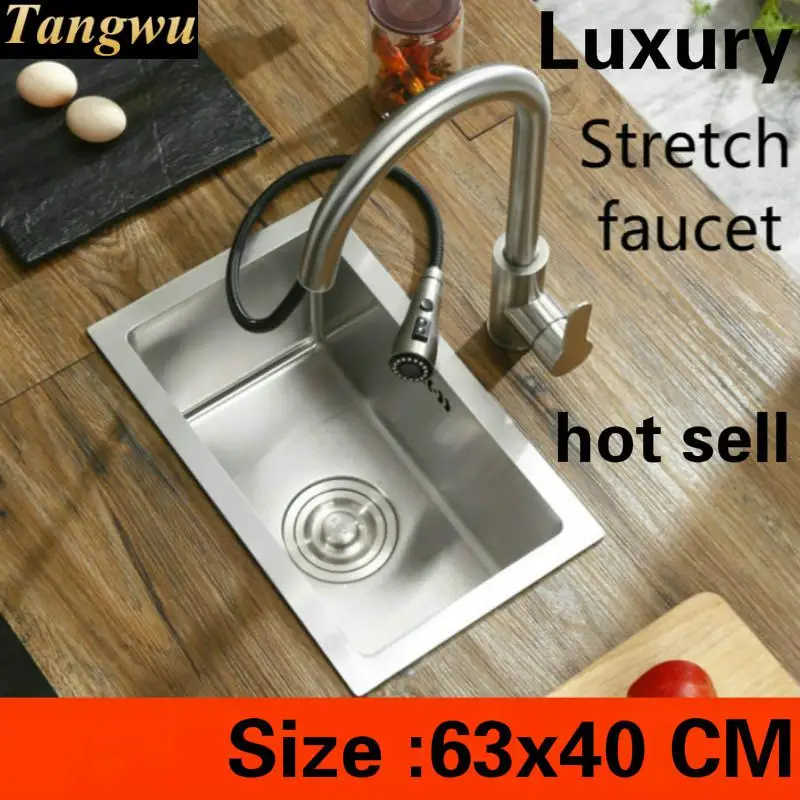 

Free shipping Home big kitchen manual sink single trough luxury stretch faucet 304 stainless steel big hot sell 63x40 CM