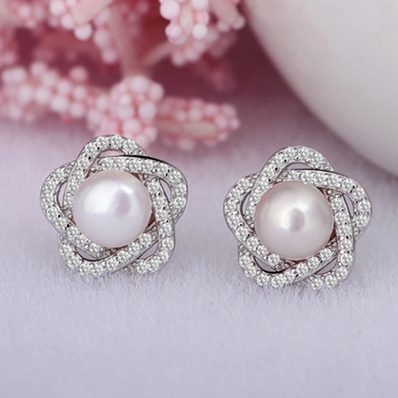 Trendy 100% Real Genuine 925 Sterling Silver Earring Pearl Stud Ear Jewelry Gift For Girl Woman WeddingBrincos