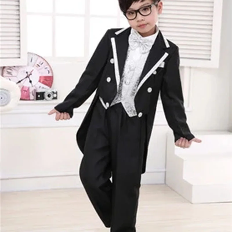 Children Chorus Conductor Men\'s Small Suit Black and White Tuxedo Host Piano Ballet Performance Costumes Five-piece Suit