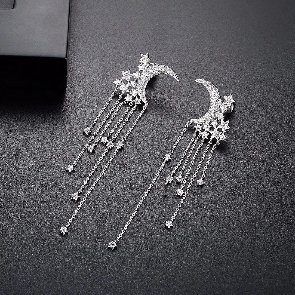 LUOTEEMI Brand Statement Shiny CZ Stars Around Moon Long Tassel Chain Dangle Earrings for Women Girl Party Fashion Accessories