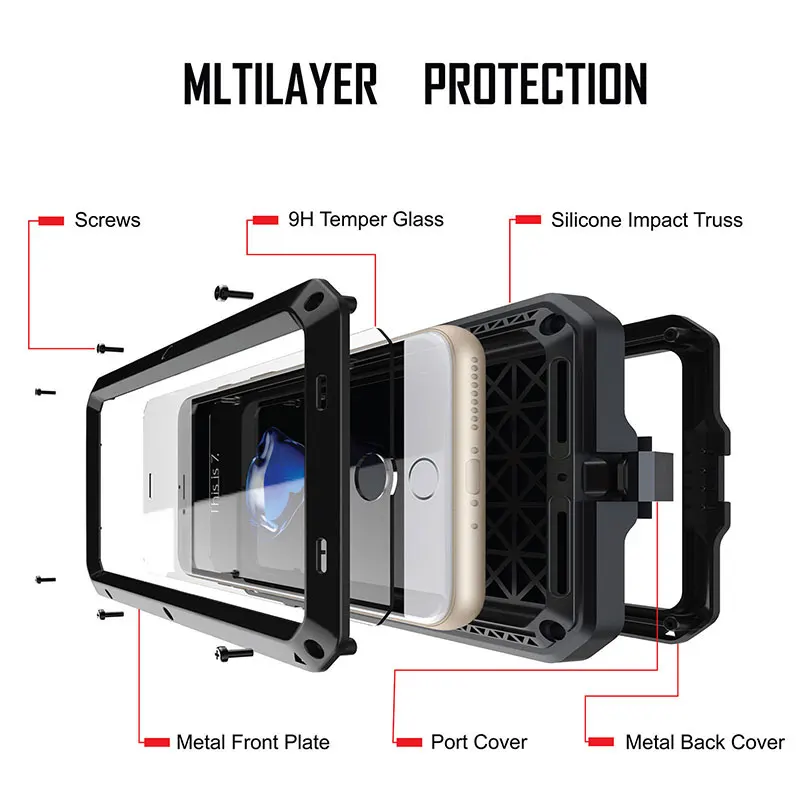 Heavy Duty 360 Full Body Doom Armor Waterproof Metal Case For iPhone 15 14 12 13 11 Pro Max XR 6 7 8Plus SE XS Shockproof Cover