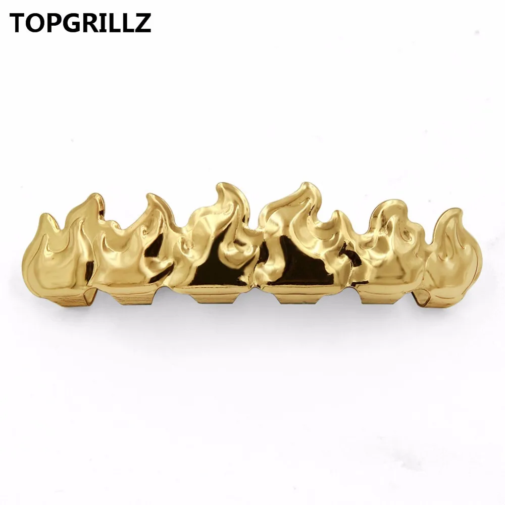 TOPGRILLZ  Gold Color Plated HIP HOP Teeth Grillz Flame Leaf Top & Bottom Grill Set With silicone Vampire teeth Christmas Gift