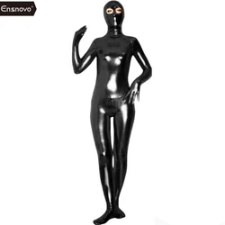 Ensnovo Women Nylon Spandex Bodysuit Black Shiny Metallic Zentai Catsuit Custom Skin Open Eyes Full Body Costume