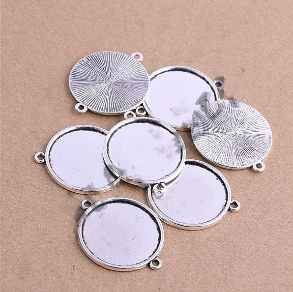 200pcs Antique Silver/Antique bronze Round Base Setting Tray Bezel Pendant Charm,fit 18mm Cabochon/Cameo,for Bracelet,Two Loops