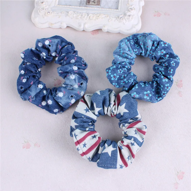 2017 New High Quality Broken Hole Denim Hair Bands Fashion Star Flower Elastic Ponytail Holder Scrunchy