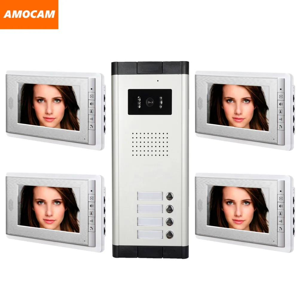 

4 Unit apartments video intercom system 7 Inch video door phone Kit Video Door Bell visual intercom for Apartment