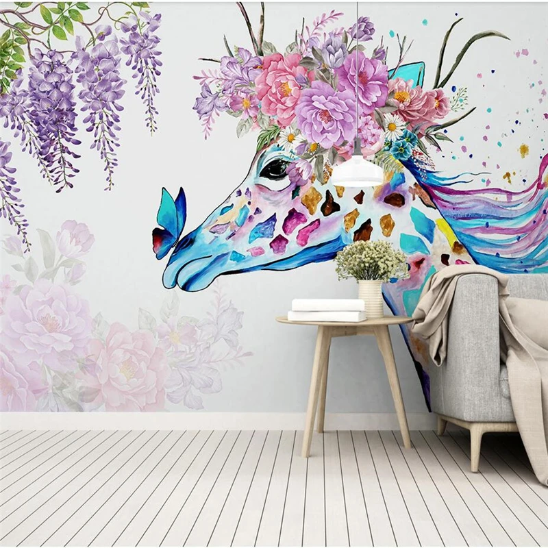 wellyu Nordic minimalist hand-painted giraffe flower wall custom wallpaper green wallpaper papel de parede para quarto mural