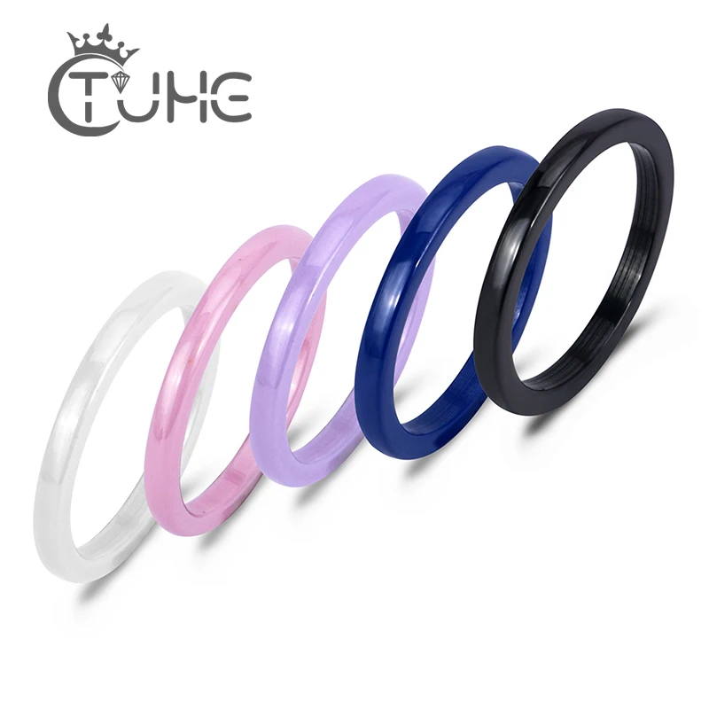 Colorful 2mm Ceramic Rings For Women Smooth Pink Black Blue White Purple Rings Elegant Top Quality Engagement Jewelry Gift