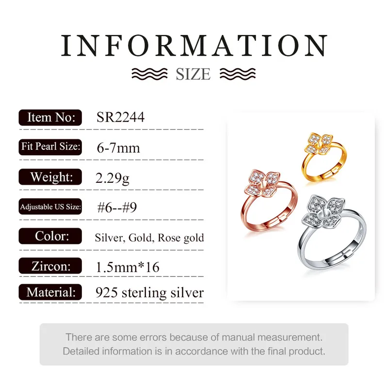 CLUCI 3pcs 925 Sterling Silver Women Flower Ring for Jewelry Adjustable Pearl Ring Mounting Silver 925 Zircon Rings SR2244SB