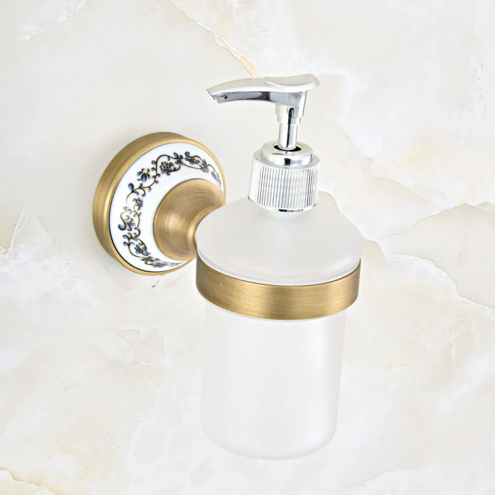 Antique Brass Bathroom and Kitchen Glass bottle liquid Soap Dispenser Wall Mounted Soap dispensers Holder rack mba814