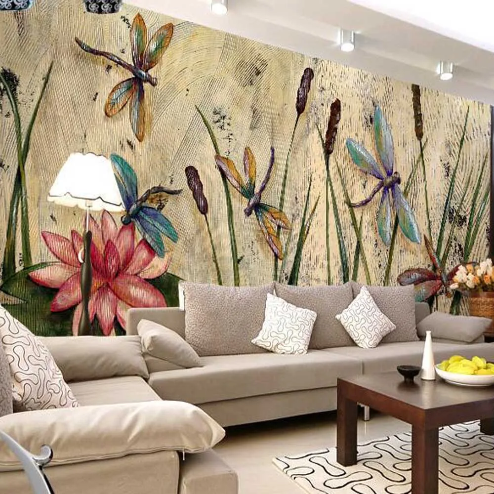 

Personalized Dragonfly Lotus Mural Wallpapers Eurpoean Vintage Large Photo Murals Oil Painting Print Decal Art Paper