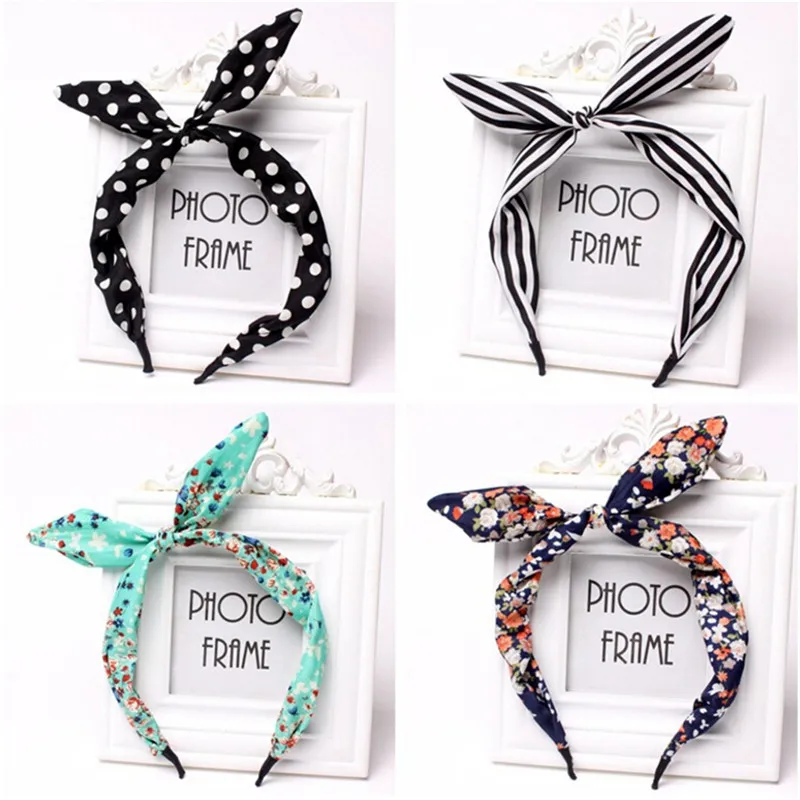 Moda opaska uszy królika kobiety dziewczęta materiał w kwiaty motyl łuk obręcz do włosów Hairband nakrycia głowy akcesoria do włosów