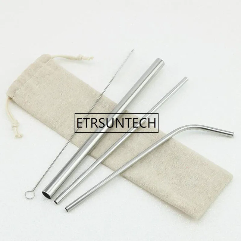 50sets Eco Friendly Reusable Straw 304 Stainless Steel Straw Metal Smoothies Drinking Straws Set with Brush & Bag