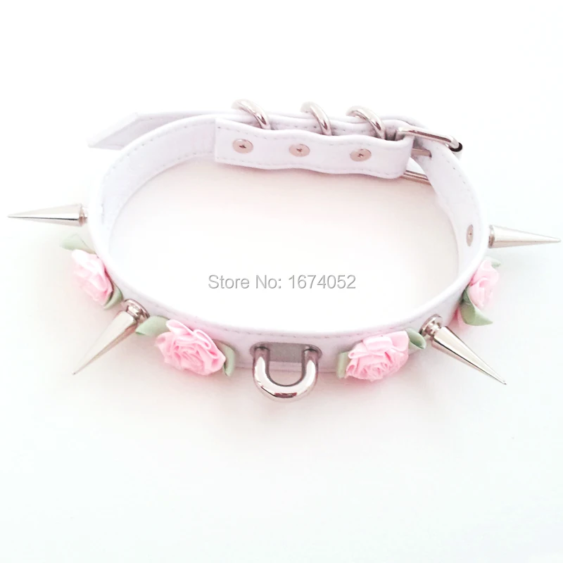 Cute Kawaii 100% Handcrafted Rose Flower Long Spikes Ribbon Lace Up Leather Choker Collar Necklace