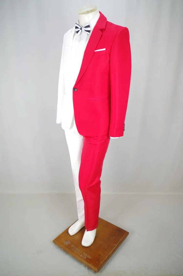 Heren persoonlijkheid gemengde kleur pak rood zwart wit splitsen blazer broek 2-delige set voor podiumzangeres koor goochelaar stalknecht