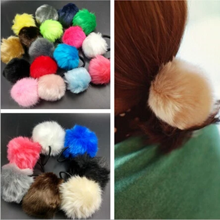 Free Shipping,Wholesale 20pcs/lot Trend All-match Candy Color Headband Faux Fur Ball Hair Bands Womens Ponytail Holder Ropes