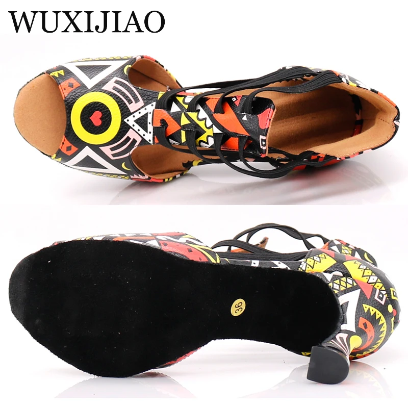 WUXIJIAO New Featured print Dance Shoes For Women Latin Salsa Dance Boots Paty Ballroom Dance Shoes Women Shoes 9CM KS-028