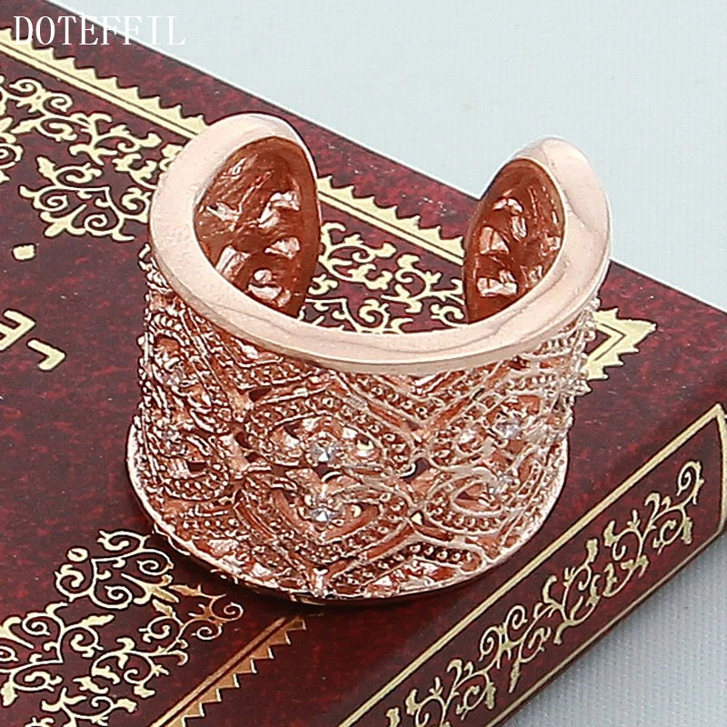 DOTEFFIL 925 Sterling Silver Rose Gold Big Net Weaving Ring For Women Wedding Engagement Party Fashion Charm Jewelry image 4