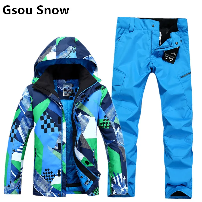 

Gsou Snow Men Ski Suit Male Snowboarding Mountain-Climbing Clothes Blue Jacket And Pants Set Waterproof 10K