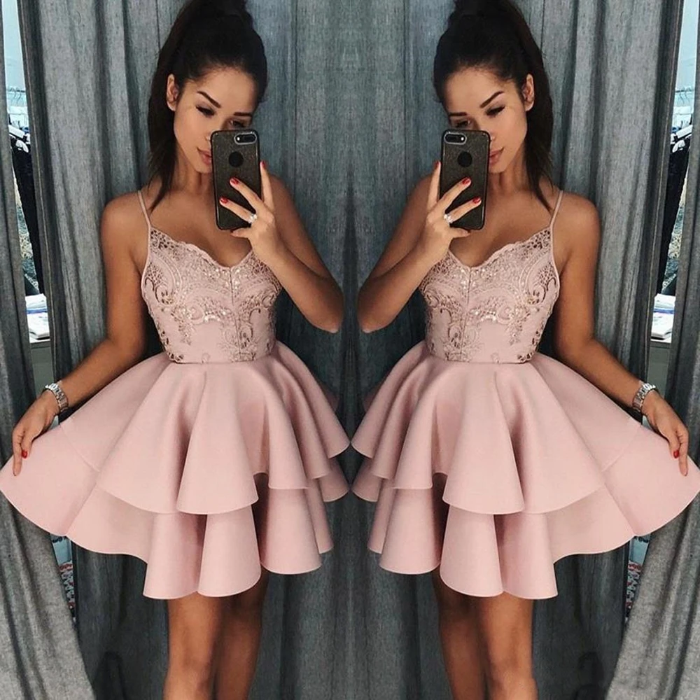 Staubigen Rose Kurze Heimkehr Kleider 2022 Neue Herbst Spaghetti-trägern EINE Linie Schichten Cocktail Kleid Spitze Pailletten Mini Prom Kleider