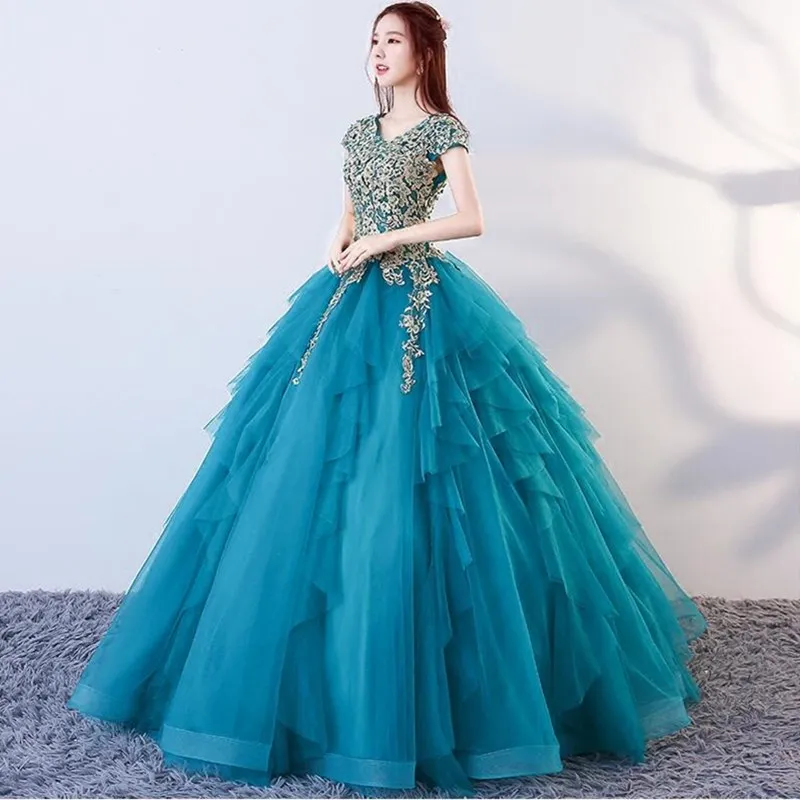 Abiti da Quinceanera lunghi di lusso "shen con maniche corte In Stock Appliques In rilievo abiti da ballo debuttanti abiti Anos 2020