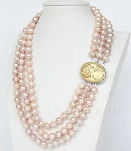 3rows 8-9mm pink lavender cultured pearls necklace