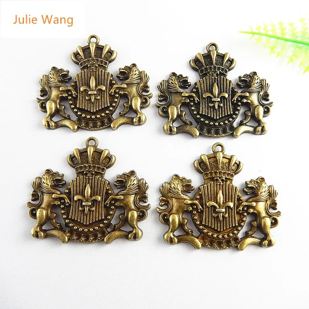 Julie Wang 5PCS Antique Bronze Lion Guardian Badge Charms Pendants Jewelry Making Necklace Gifts Key Chains Accessory