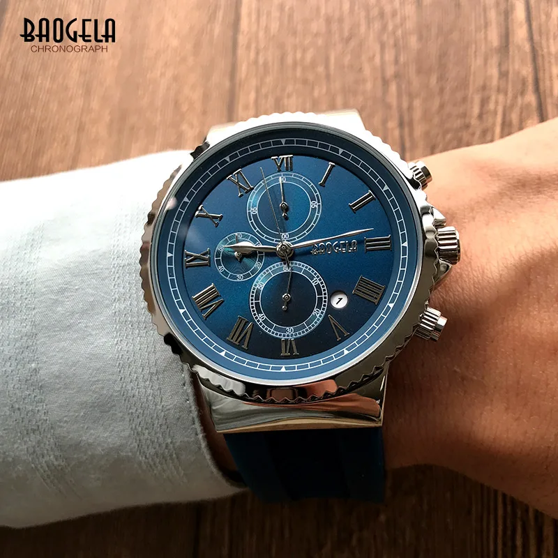 BAOGELA męska niebieski analogowe zegarki kwarcowe moda klasyczne cyframi rzymskimi Dial chronograf zegarek dla Man1708G-Blue