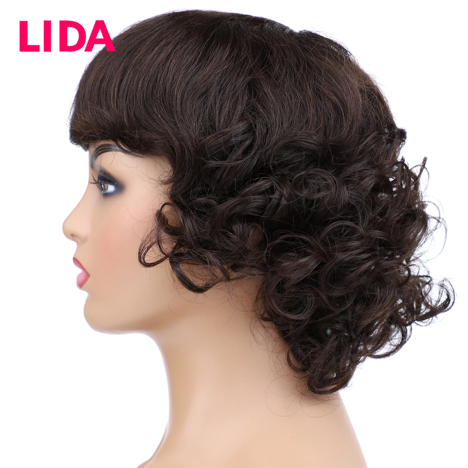 LIDA-pelucas de cabello humano rizado para mujeres, pelo malayo no Remy, 100% de densidad, hecho a máquina, 8 pulgadas