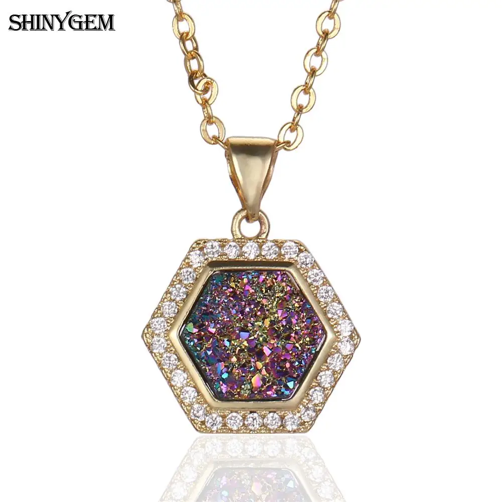 

ShinyGem Hexagonal Crystal Pendant Necklaces Gold Plating Link Chain Rhinestone Necklace Natural Druzy Stone Necklaces For Women