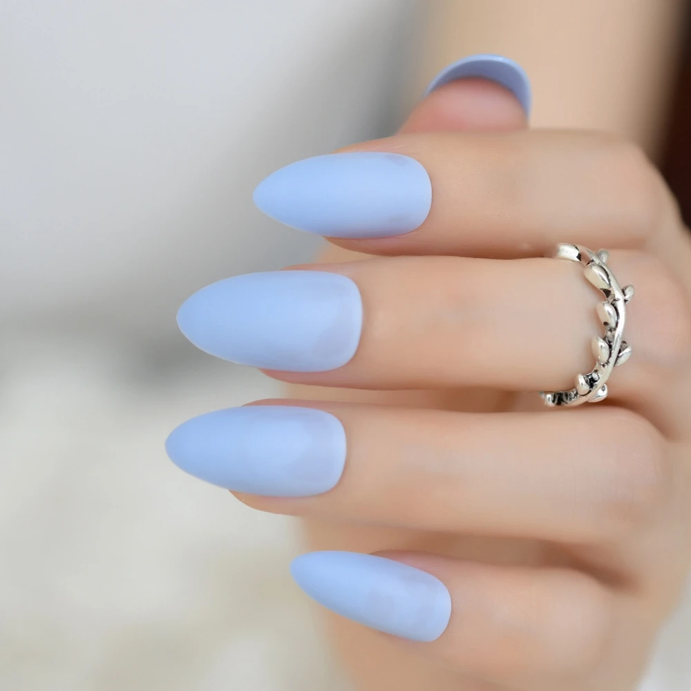 Good Feeling Light Sky Blue Matte Frosted Stiletto Oval False Nails Art Almond Pointed Press on Full Cover Pre-designed Fake Tip