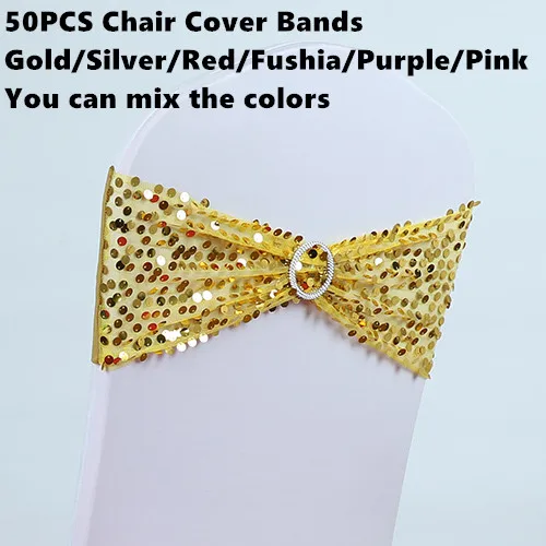 Shipping Free 50PCS Sequin Chair Sash Bands Spandex 15X35cm Stretch Lycra Chair Cover Sashes Bows with Diamond Ring for Weddings