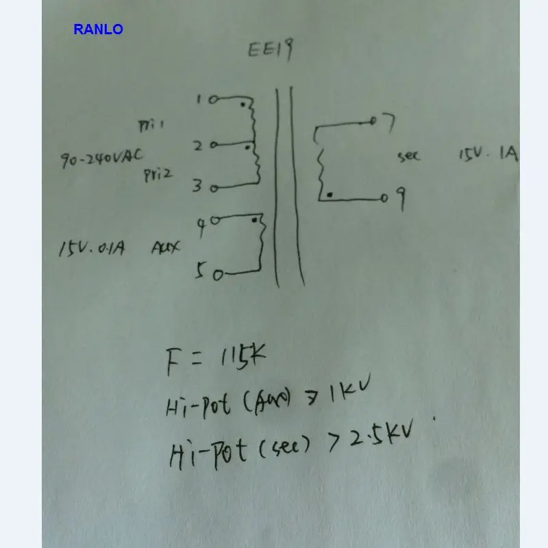 EE19 15W Flyback Transformer, 90-240VAC Input, 15V 1A Output, 15V 0.1A Aux, Viper26H, 115KHz