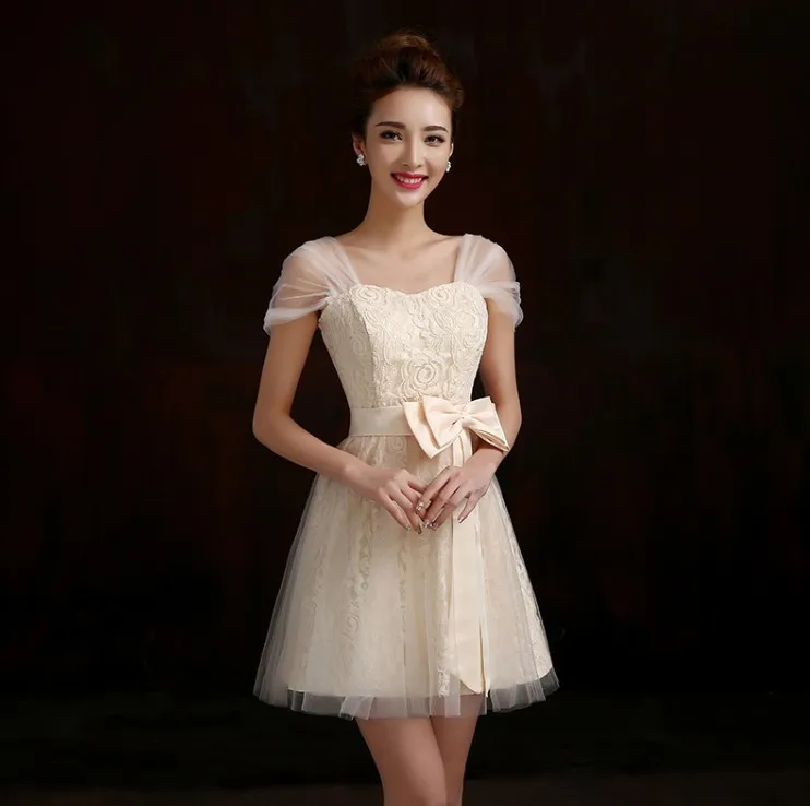 Bride Dress Bridesmaid  Dress 2021 New Fashion Short Design Bow Lace Up Prom Dresses Four styles Red Champagne Free Shipping image 5