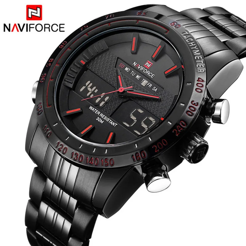 NAVIFORCE Brand Mens 30M Waterproof Sport Watch Men Stainless Steel Analog Digital LED Watches Dual Time Clock Relogio Masculino