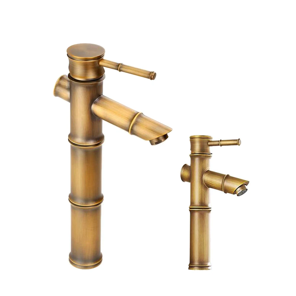 Antique Brass Waterfall Bathroom Sink Faucet Vessel Tall Bamboo Water Tap Mixer   Hot and Cold Single Hole Basin Faucet Vintage