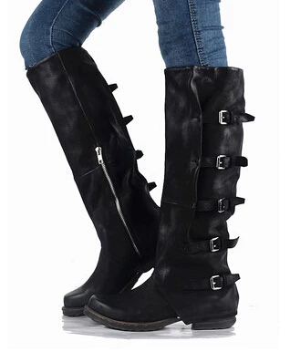 Winter Retro Genuine Leather Knee High Boots Women Square Toe Buckle Ankle Boots Fashion High Quality Warm Lady Casual Shoes