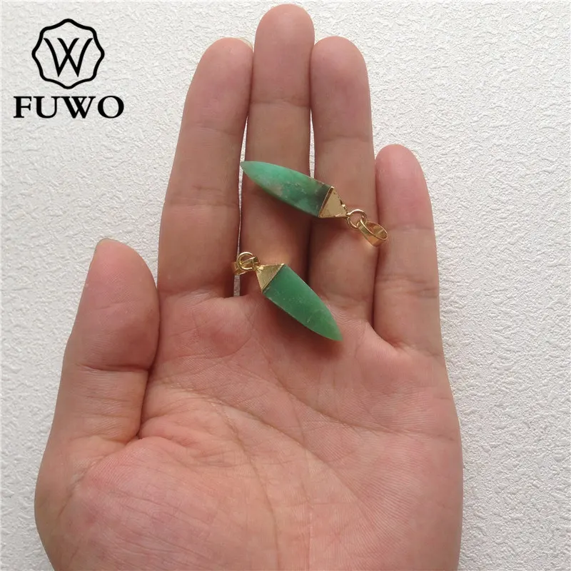 FUWO Wholesale Natural Chrysoprase Point Pendant,Golden Plated Green Stone Accessories For Women Jewelry Making 5Pcs/Lot PD201