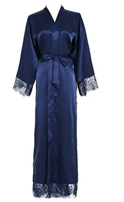 Summer Lace Patchwork Satin Kimono Robe Sexy Sleepwear Lingerie Chemises Women Silk Long Nightgown Wedding bridesmaid Robes