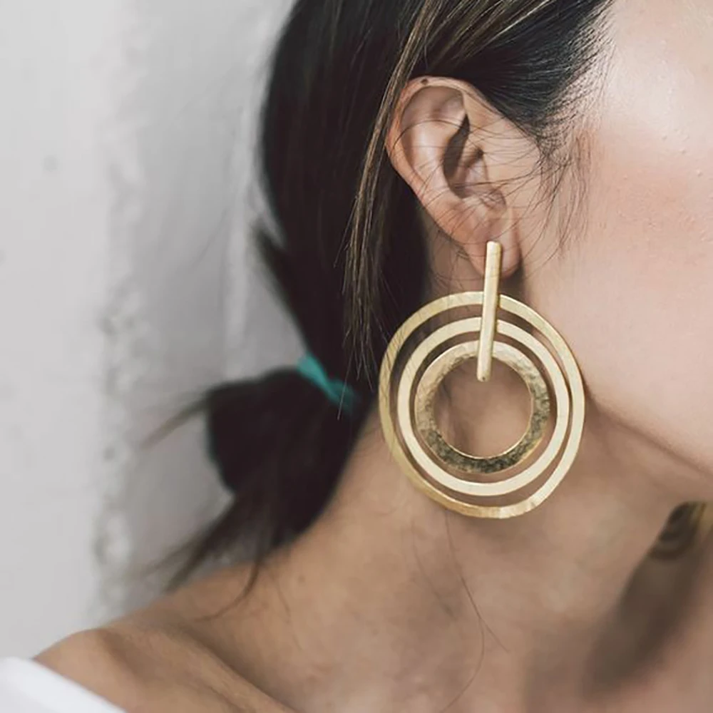 Fashion Boho Vintage Simple Gold-plate Concentric Wide Ring Earrings For Women Hanging Dangle Drop Earring Modern Jewelry