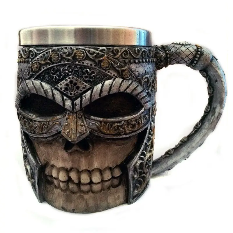 

3D Masked Knight Skull Mugs Double Wall Stainless Steel Resin Skull Drinking Beer Coffee Cup Men's Viking Warrior Drinkware Mug